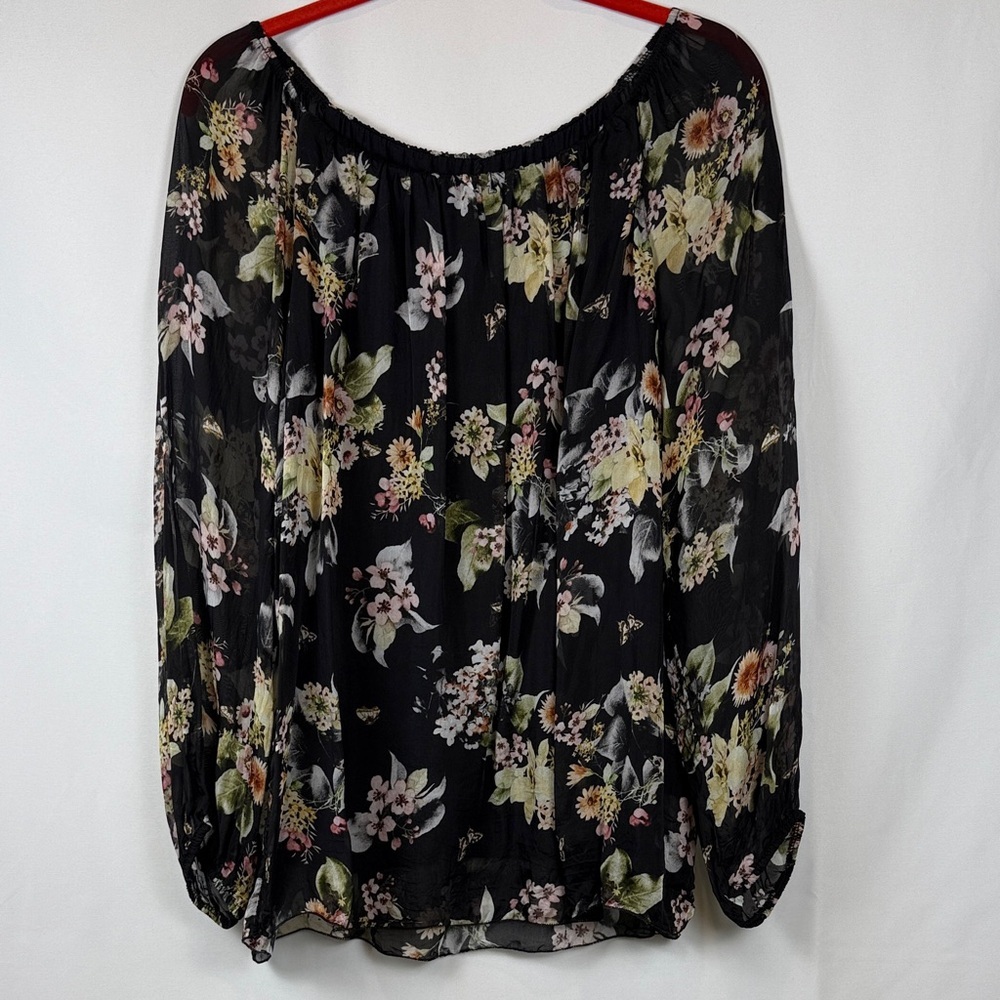 Le Marais Paris Black 💯Silk Floral Long Sleeve Blouse Size Large Romantic